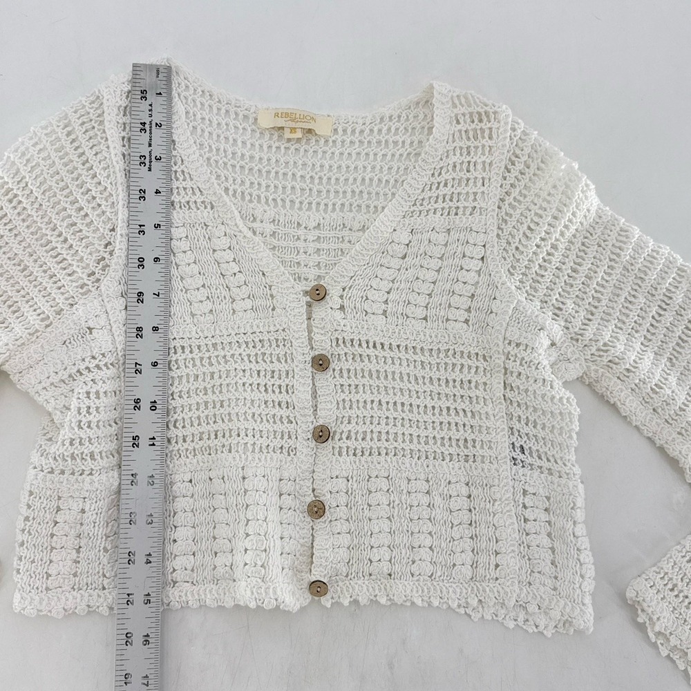 Rebellion Again Cream Crochet Cropped Cardigan XS Boho Beachy Festival Western - Picture 7 of 8